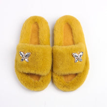 Load image into Gallery viewer, Fluffy Slippers Rhinestone Butterfly Faux Fur Slides Women Sandals Platform Flip Flops Crystal Indoor Slippers Faux Fur Slippers Comfy Open Toe Two Slides Lining And Rubber Sole