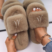 Load image into Gallery viewer, Fluffy Slippers Rhinestone Butterfly Faux Fur Slides Women Sandals Platform Flip Flops Crystal Indoor Slippers Faux Fur Slippers Comfy Open Toe Two Slides Lining And Rubber Sole