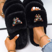 Load image into Gallery viewer, Fluffy Slippers Rhinestone Butterfly Faux Fur Slides Women Sandals Platform Flip Flops Crystal Indoor Slippers Faux Fur Slippers Comfy Open Toe Two Slides Lining And Rubber Sole