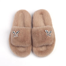 Load image into Gallery viewer, Fluffy Slippers Rhinestone Butterfly Faux Fur Slides Women Sandals Platform Flip Flops Crystal Indoor Slippers Faux Fur Slippers Comfy Open Toe Two Slides Lining And Rubber Sole