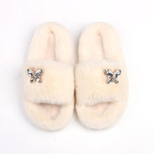 Load image into Gallery viewer, Fluffy Slippers Rhinestone Butterfly Faux Fur Slides Women Sandals Platform Flip Flops Crystal Indoor Slippers Faux Fur Slippers Comfy Open Toe Two Slides Lining And Rubber Sole