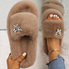 Load image into Gallery viewer, Fluffy Slippers Rhinestone Butterfly Faux Fur Slides Women Sandals Platform Flip Flops Crystal Indoor Slippers Faux Fur Slippers Comfy Open Toe Two Slides Lining And Rubber Sole