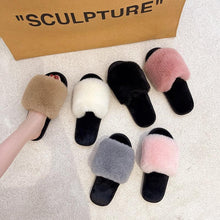 Load image into Gallery viewer, Fluffy Slippers Women Cozy Faux Fur Cross Indoor Floor Slides Flat Soft Furry Shoes Fluffy Furry Fur Slippers Flip Flop Open Toe Cozy House Memory Foam Sandals Slides Soft Flat Comfy Slippers