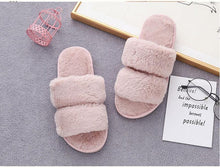 Load image into Gallery viewer, Fluffy Slippers Women Cozy Faux Fur Cross Indoor Floor Slides Flat Soft Furry Shoes Fluffy Furry Fur Slippers Flip Flop Open Toe Cozy House Memory Foam Sandals Slides Soft Flat Comfy Slippers