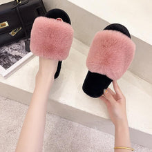 Load image into Gallery viewer, Fluffy Slippers Women Cozy Faux Fur Cross Indoor Floor Slides Flat Soft Furry Shoes Fluffy Furry Fur Slippers Flip Flop Open Toe Cozy House Memory Foam Sandals Slides Soft Flat Comfy Slippers
