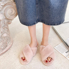 Load image into Gallery viewer, Fluffy Slippers Women Cozy Faux Fur Cross Indoor Floor Slides Flat Soft Furry Shoes Fluffy Furry Fur Slippers Flip Flop Open Toe Cozy House Memory Foam Sandals Slides Soft Flat Comfy Slippers
