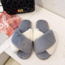 Load image into Gallery viewer, Fluffy Slippers Women Cozy Faux Fur Cross Indoor Floor Slides Flat Soft Furry Shoes Fluffy Furry Fur Slippers Flip Flop Open Toe Cozy House Memory Foam Sandals Slides Soft Flat Comfy Slippers