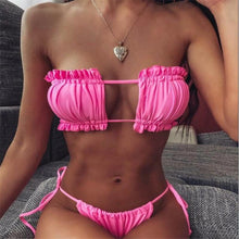 Load image into Gallery viewer, Folds Bikini Women Swimwear Bathing Suit Women's Ruffle Tie Side Bikini Set High Cut Strapless Padded Solid Bathing Suit Bikini Micro Swimsuit Female Push up Two-Piece Suit Summer
