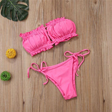 Load image into Gallery viewer, Folds Bikini Women Swimwear Bathing Suit Women's Ruffle Tie Side Bikini Set High Cut Strapless Padded Solid Bathing Suit Bikini Micro Swimsuit Female Push up Two-Piece Suit Summer