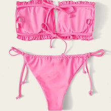 Load image into Gallery viewer, Frill Trim Bandeau Tie Side Bikini Swimsuit
