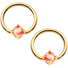 Load image into Gallery viewer, Pink Faux Opal Gold Tone Captive Ring Straight Barbell Nipple Ring Set