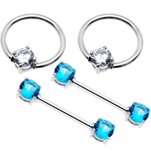 Load image into Gallery viewer, 5/8 Blue Clear Gem Captive Ring Straight Barbell Nipple Ring Set