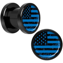Load image into Gallery viewer, Blue American Flag Black Anodized Screw Fit Plug Set 0G