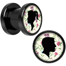 Load image into Gallery viewer, Man Woman Floral Silhouette Black Anodized Screw Fit Plug Set 0G