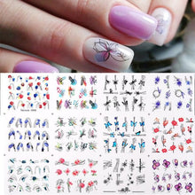 Load image into Gallery viewer, Geometrics Blue Flower Leaves Water Decals Stickers Special Floral Transfer Slider For Nails Decoration Nail Art Stickers Black White Flower Palm Leaf Nail Self-Adhesive Decals Nail Stickers Water Transfer Fresh Nail Decals for Nail Art Butterfly Palm