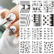 Load image into Gallery viewer, Geometrics Blue Flower Leaves Water Decals Stickers Special Floral Transfer Slider For Nails Decoration Nail Art Stickers Black White Flower Palm Leaf Nail Self-Adhesive Decals Nail Stickers Water Transfer Fresh Nail Decals for Nail Art Butterfly Palm