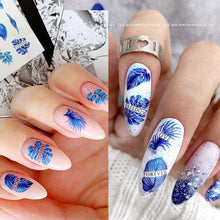 Load image into Gallery viewer, Geometrics Blue Flower Leaves Water Decals Stickers Special Floral Transfer Slider For Nails Decoration Nail Art Stickers Black White Flower Palm Leaf Nail Self-Adhesive Decals Nail Stickers Water Transfer Fresh Nail Decals for Nail Art Butterfly Palm