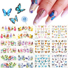 Load image into Gallery viewer, Geometrics Blue Flower Leaves Water Decals Stickers Special Floral Transfer Slider For Nails Decoration Nail Art Stickers Black White Flower Palm Leaf Nail Self-Adhesive Decals Nail Stickers Water Transfer Fresh Nail Decals for Nail Art Butterfly Palm