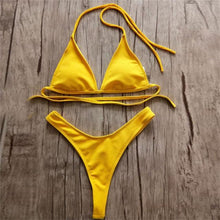 Load image into Gallery viewer, Girls Swimming Suits Bikini Small Cup Women Two Pieces Knitting Thong Bikinis Summer Spaghetti Strap Top And Bottoms Swimsuit Swimwear High Cut Style Beach Bikini Solid Black/White Micro Swim Suits Thong Bikinis