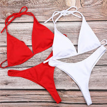 Load image into Gallery viewer, Girls Swimming Suits Bikini Small Cup Women Two Pieces Knitting Thong Bikinis Summer Spaghetti Strap Top And Bottoms Swimsuit Swimwear High Cut Style Beach Bikini Solid Black/White Micro Swim Suits Thong Bikinis
