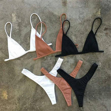 Load image into Gallery viewer, Girls Swimming Suits Bikini Small Cup Women Two Pieces Knitting Thong Bikinis Summer Spaghetti Strap Top And Bottoms Swimsuit Swimwear High Cut Style Beach Bikini Solid Black/White Micro Swim Suits Thong Bikinis