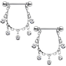 Load image into Gallery viewer, 14G 5/8 Clear Gem Chain Drop Dangle Nipple Ring Set