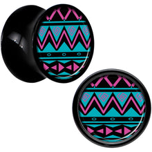 Load image into Gallery viewer, Black Acrylic Pink Teal Tribal Print Saddle Plug Set 00G