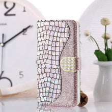 Load image into Gallery viewer, Glitter Leather Case For iPhone 11 12 13 14 Pro XR XS Max Alligator Flip Case Cover For iPhone SE Glitter Matching Texture Horizontal Flip Leather Case with Card Slots & Holder & Wallet Phone Accessories