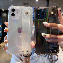 Load image into Gallery viewer, Glitter Wrist Strap Transparent Shockproof Soft Cover with Strap Phone Case For iPhone 13 11 12 14 Pro Max XS Max XR X 7 8 Plus 12 13Pro 14 Transparent Soft Back Cover Adjustable Strap Iphone Case