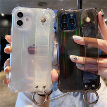 Load image into Gallery viewer, Glitter Wrist Strap Transparent Shockproof Soft Cover with Strap Phone Case For iPhone 13 11 12 14 Pro Max XS Max XR X 7 8 Plus 12 13Pro 14 Transparent Soft Back Cover Adjustable Strap Iphone Case