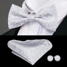 Load image into Gallery viewer, Green Color Silk Butterfly Pre-Tied Bow Tie Pocket Square Cufflinks Suit Set For Men Silk Adjustable Self Bowtie Formal Bowtie Set