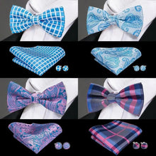 Load image into Gallery viewer, Green Color Silk Butterfly Pre-Tied Bow Tie Pocket Square Cufflinks Suit Set For Men Silk Adjustable Self Bowtie Formal Bowtie Set