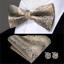 Load image into Gallery viewer, Green Color Silk Butterfly Pre-Tied Bow Tie Pocket Square Cufflinks Suit Set For Men Silk Adjustable Self Bowtie Formal Bowtie Set