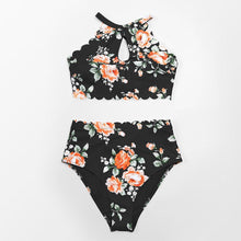 Load image into Gallery viewer, Green Floral Halter Bikini Women High Waist Bikini Halter Two Piece Bathing Suits Tummy Control Swimsuit Push Up Swimwear Sets Women High Waist Two Pieces Swimsuit New Girl Bathing Suits