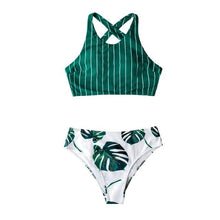 Load image into Gallery viewer, Green Stripe And Leaves Print Bikini Sets Women Tank Swimsuit Women's Two Piece High Neck Bikinis Swimsuits Modest Crop Top Bathing Suits For Teens Two Pieces Girls Beach Bathing Suits Swimwear