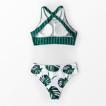 Load image into Gallery viewer, Green Stripe And Leaves Print Bikini Sets Women Tank Swimsuit Women's Two Piece High Neck Bikinis Swimsuits Modest Crop Top Bathing Suits For Teens Two Pieces Girls Beach Bathing Suits Swimwear