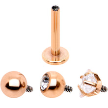 Load image into Gallery viewer, Clear CZ Gem Rose Gold PVD Internally Threaded Labret Set of 3 Ends
