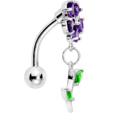 Load image into Gallery viewer, Purple Green Gem Flower Power Top Mount Dangle Belly Ring