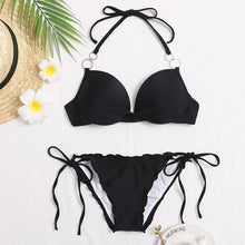 Load image into Gallery viewer, Halter Bikini Bandage Swimsuit Solid Swimwear Sport Liquid Metallic Shiny String Bikini 2 Piece Swimsuit Set Women Shiny Bikini Set Bathing Suit Push Up Two-piece Suit