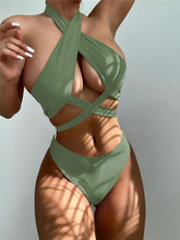 Load image into Gallery viewer, Halter Hollow Cross Bikinis Set Swimsuit Women's New Solid Two-Piece Swimwear Two Piece Swimsuit Halter Crisscross Cut Out Bikini Wrap Top with High Waist Bottom Beach Swimwear Summer Beachwear Woman Bath Bathing Suit