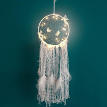 Load image into Gallery viewer, Handmade White Feather Dream Catcher Wind Chimes Hanging Ornaments Ceiling Decor Room Dream Net Hanging Craft Gift Car Ornament Ribbons Feathers Wrapped Lights For Bedroom Decor Wedding Decorations
