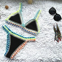 Load image into Gallery viewer, Handmade Women Bikini Crochet Knit Swimwear Halter Patchwork Bathing Suit Women's Swimsuit Strappy Side 2 Piece Bikini Set Triangle Beach Swimwear