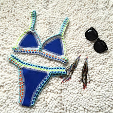Load image into Gallery viewer, Handmade Women Bikini Crochet Knit Swimwear Halter Patchwork Bathing Suit Women's Swimsuit Strappy Side 2 Piece Bikini Set Triangle Beach Swimwear