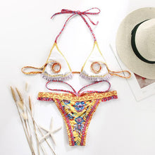 Load image into Gallery viewer, Handwork Bikinis Small Ruffle Swimsuit Vintage Print Swimwear Women Bathing Suit Leopard Patchwork Bikini Set String