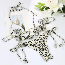 Load image into Gallery viewer, Handwork Bikinis Small Ruffle Swimsuit Vintage Print Swimwear Women Bathing Suit Leopard Patchwork Bikini Set String
