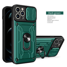 Load image into Gallery viewer, Heavy Duty Armor Case Card Pocket for iPhone 11 Pro 7 8 Plus Magnetic Phone Holder Cover Slide Lens Protection Design Card Holder Slot With Rotating Ring Armor Bumper Shockproof Case