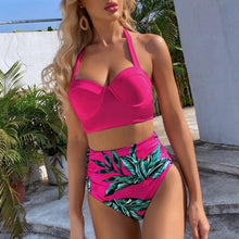 Load image into Gallery viewer, High Waist Bikini Leaf Print Swimsuit Women Push Up Swimwear Female Halter Bathing Suit Vintage Swimming Suit Women Vintage Underwire High Waist Swimsuit Two Pieces Halter Lace Up Adjustable Bikini Top