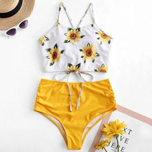 Load image into Gallery viewer, High Waist Bikini Sunflower Swimsuit Women Bikini Floral Swimsuit Floral Crop Tie Knot Front High Waist Bikini Set Two Piece Swimsuit For Women Summer High Waisted Bathing Suit
