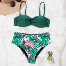 Load image into Gallery viewer, High Waist Bikini Set Women Bikini Flower Swimwear Women High Waist Bikini Halter Two Piece Bathing Suits Tummy Control Swimsuit Push Up Swimwear Vintage Halter Neck Swimsuit Female Green Bathing Suit