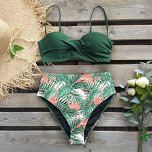 Load image into Gallery viewer, High Waist Bikini Set Women Bikini Flower Swimwear Women High Waist Bikini Halter Two Piece Bathing Suits Tummy Control Swimsuit Push Up Swimwear Vintage Halter Neck Swimsuit Female Green Bathing Suit